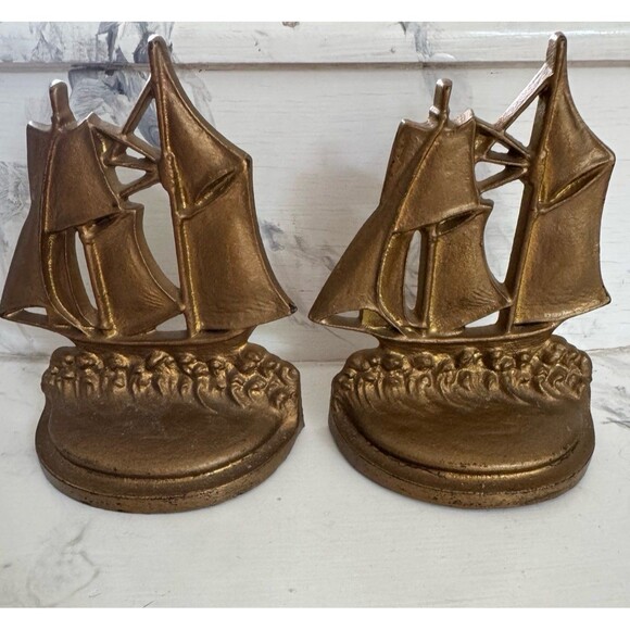 Other - VTG 60’s Brass/Metal Ship Nautical Bookends SET Heavy MCM Library Shelf Taiwan